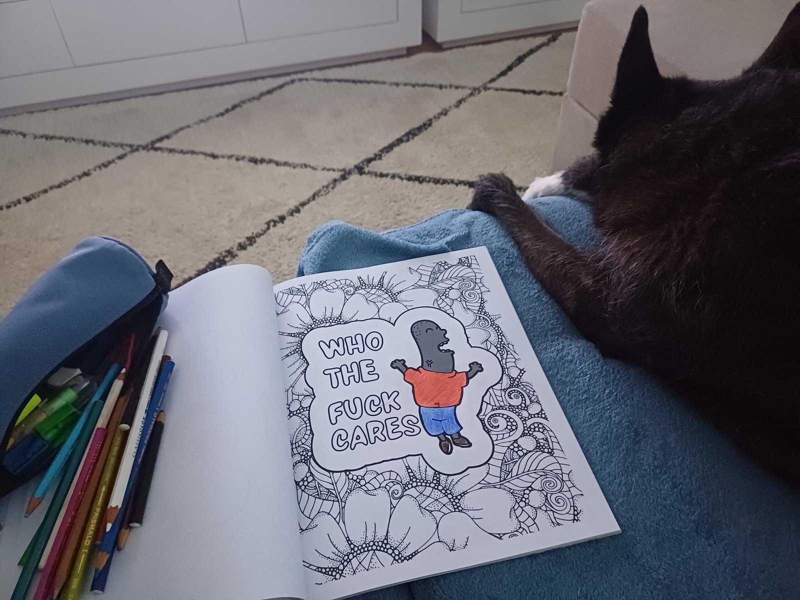 Person coloring on sofa with dog.