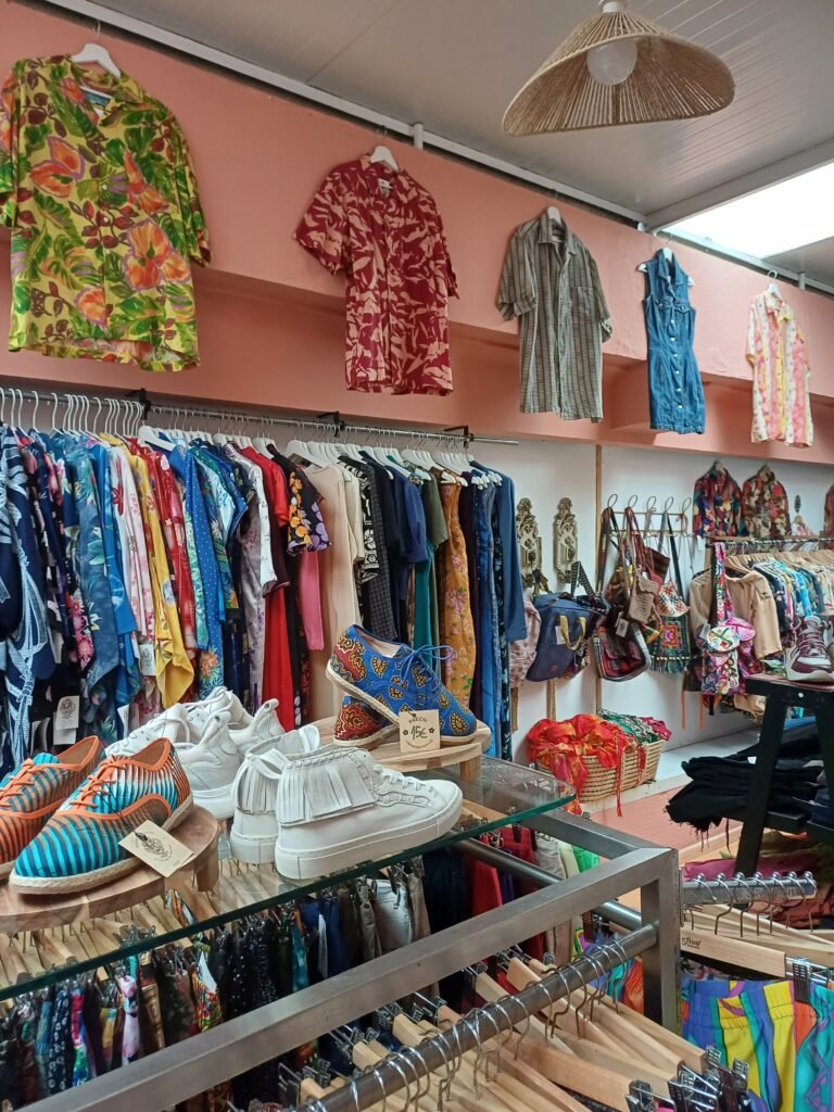 Brightly colored clothing on display at Mon Père store