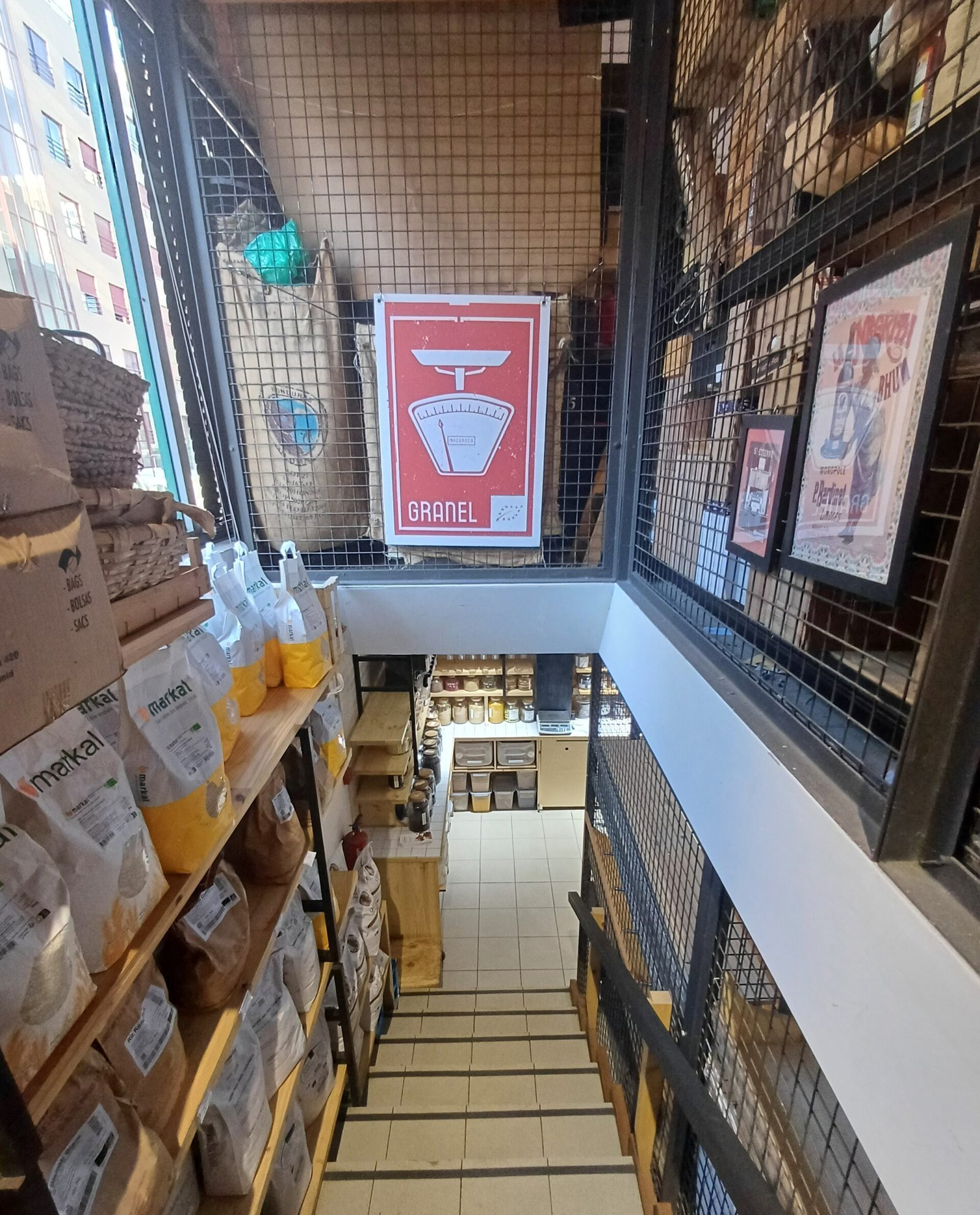 Stairs leading to the bulk shopping area at Maçaroca